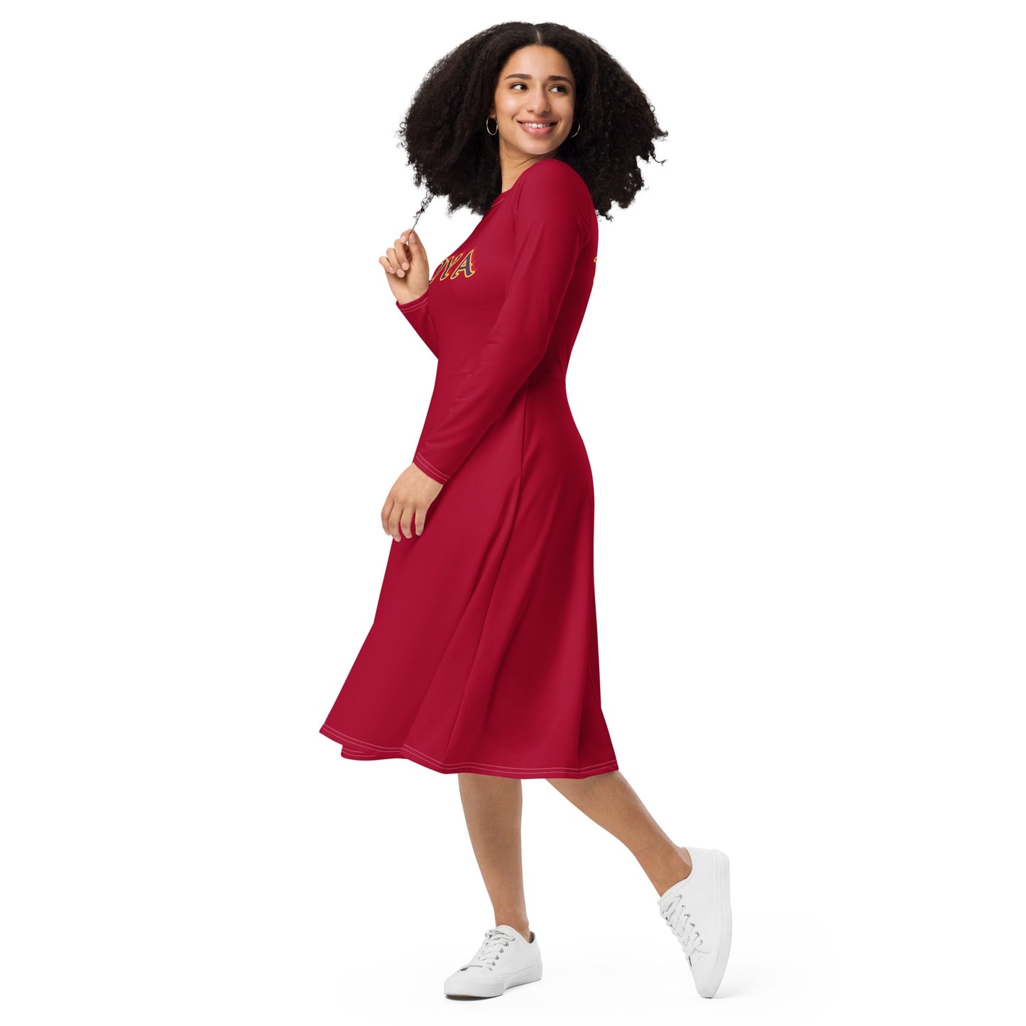 Oya Yansan Brick Red long sleeve midi dress