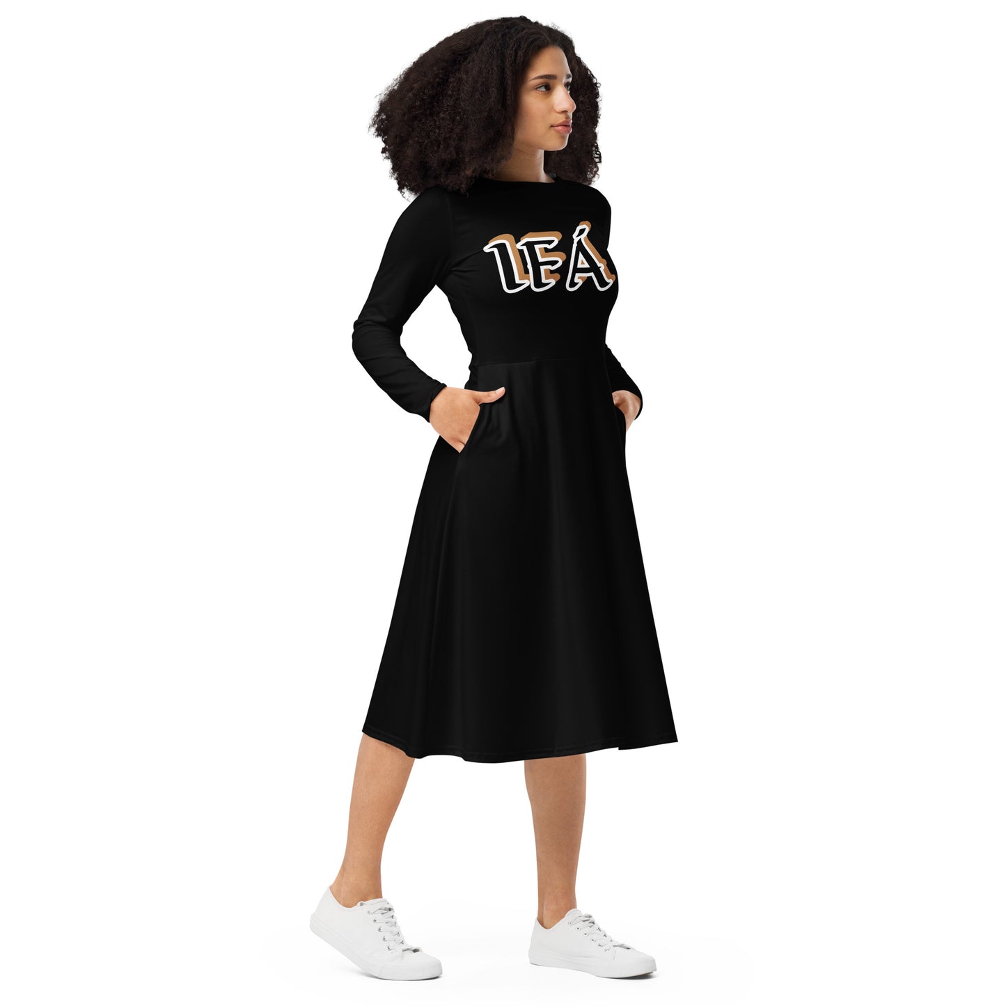 IFÁ Gold Reverse Black long sleeve midi dress