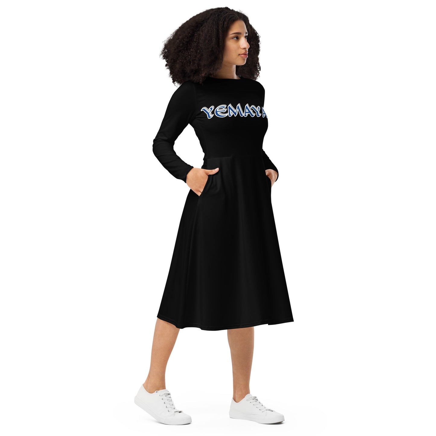 Yemaya Olodo 1 long sleeve midi dress Black