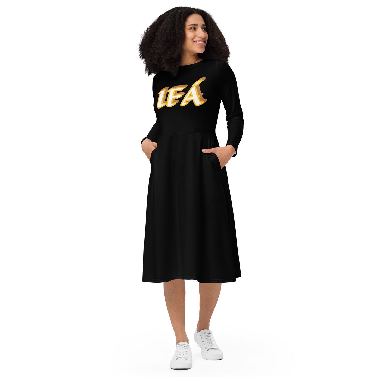 IFÁ  Ela Reverse All-over print long sleeve midi dress black