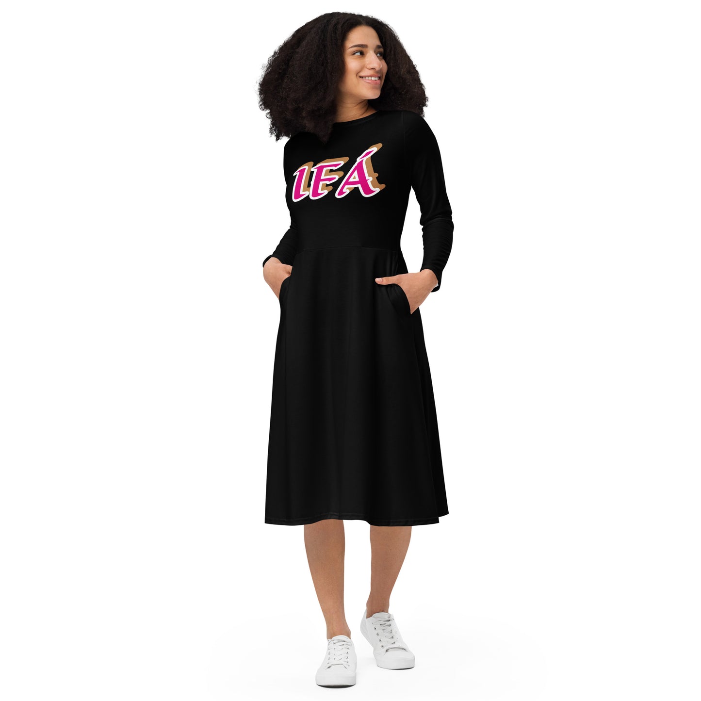 IFÁ  Love 2 All-over print long sleeve midi dress black