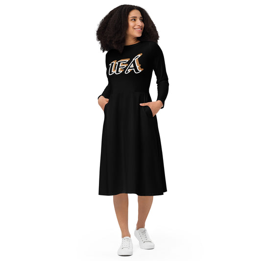 IFÁ  Gold Reverse All-over print long sleeve midi dress black