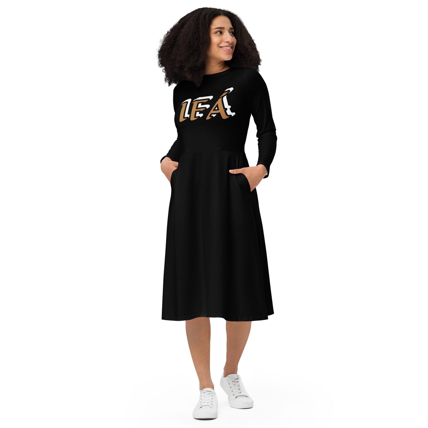 IFÁ  Gold All-over print long sleeve midi dress black