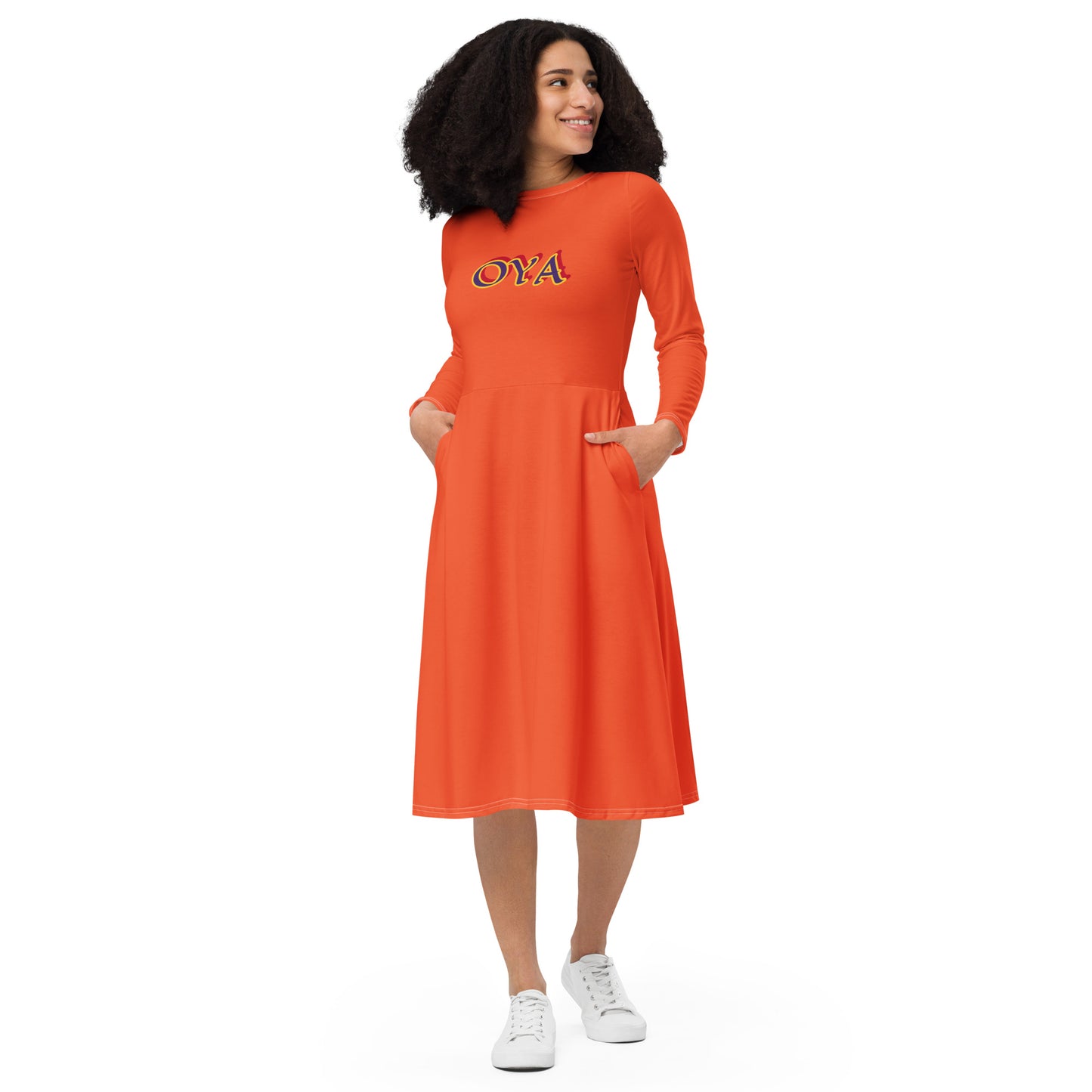 Oya YANSAN All-over print long sleeve midi dress Orange