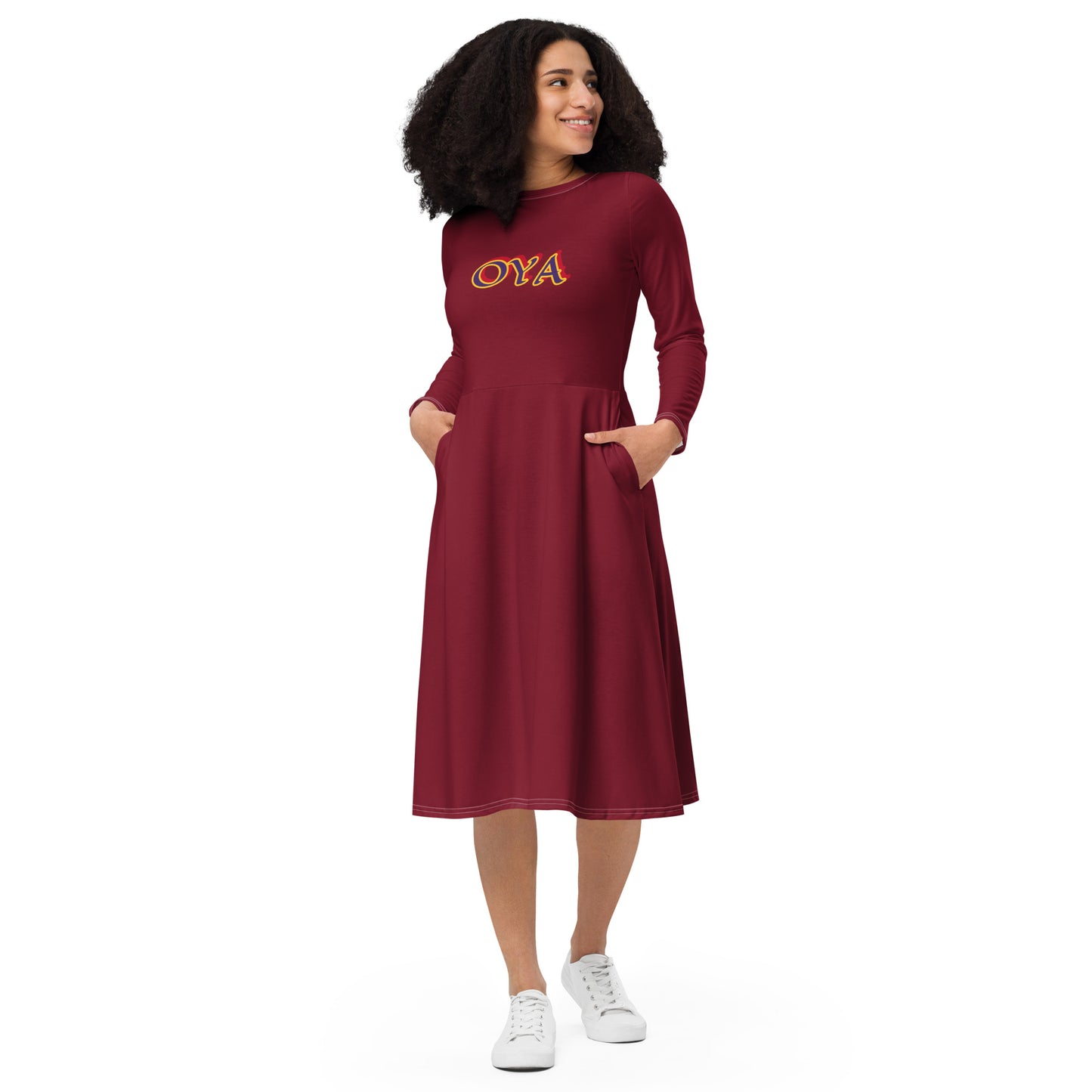 Oya YANSAN All-over print long sleeve midi dress Wine