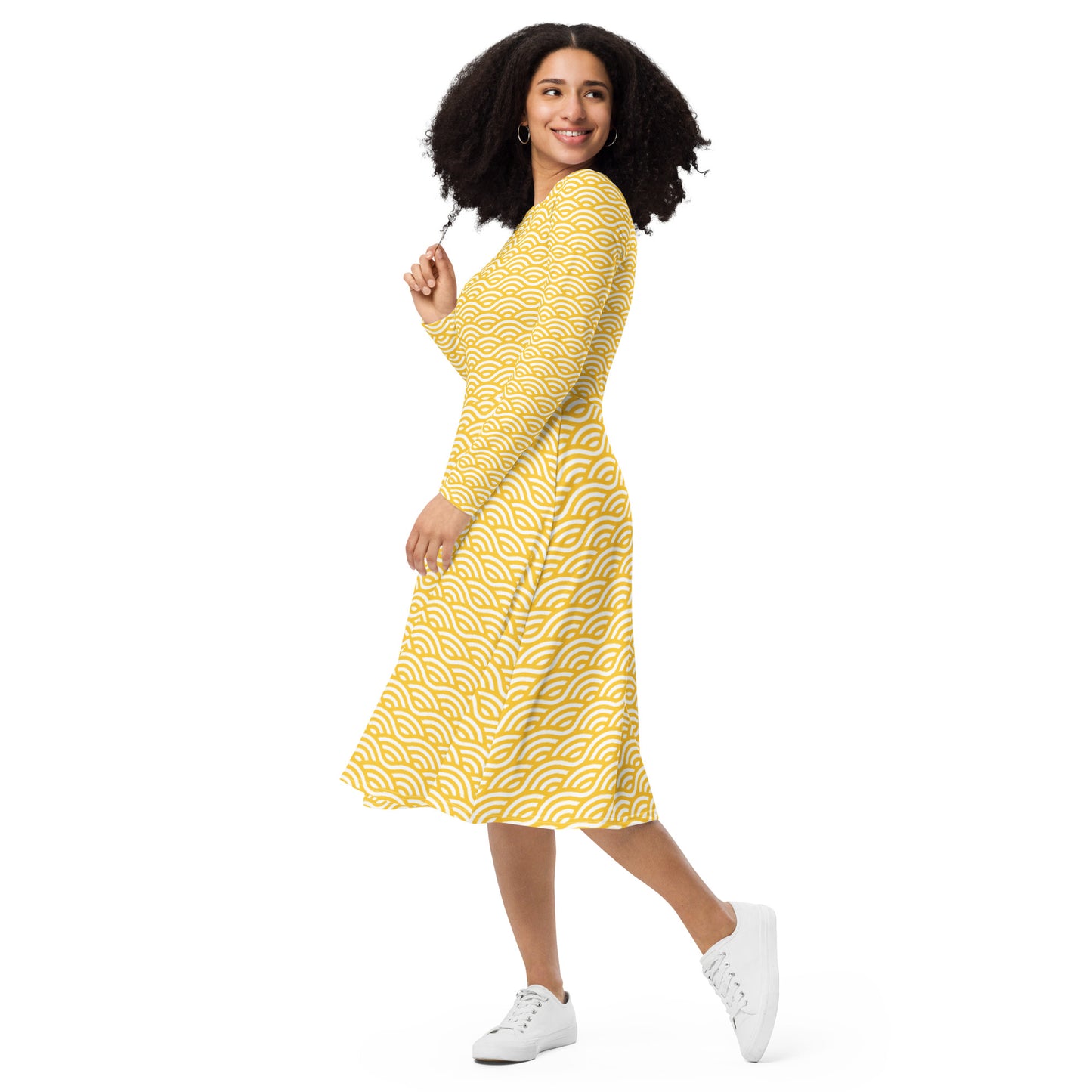 Oshun/Osun Yellow Floral All-over print long sleeve midi dress