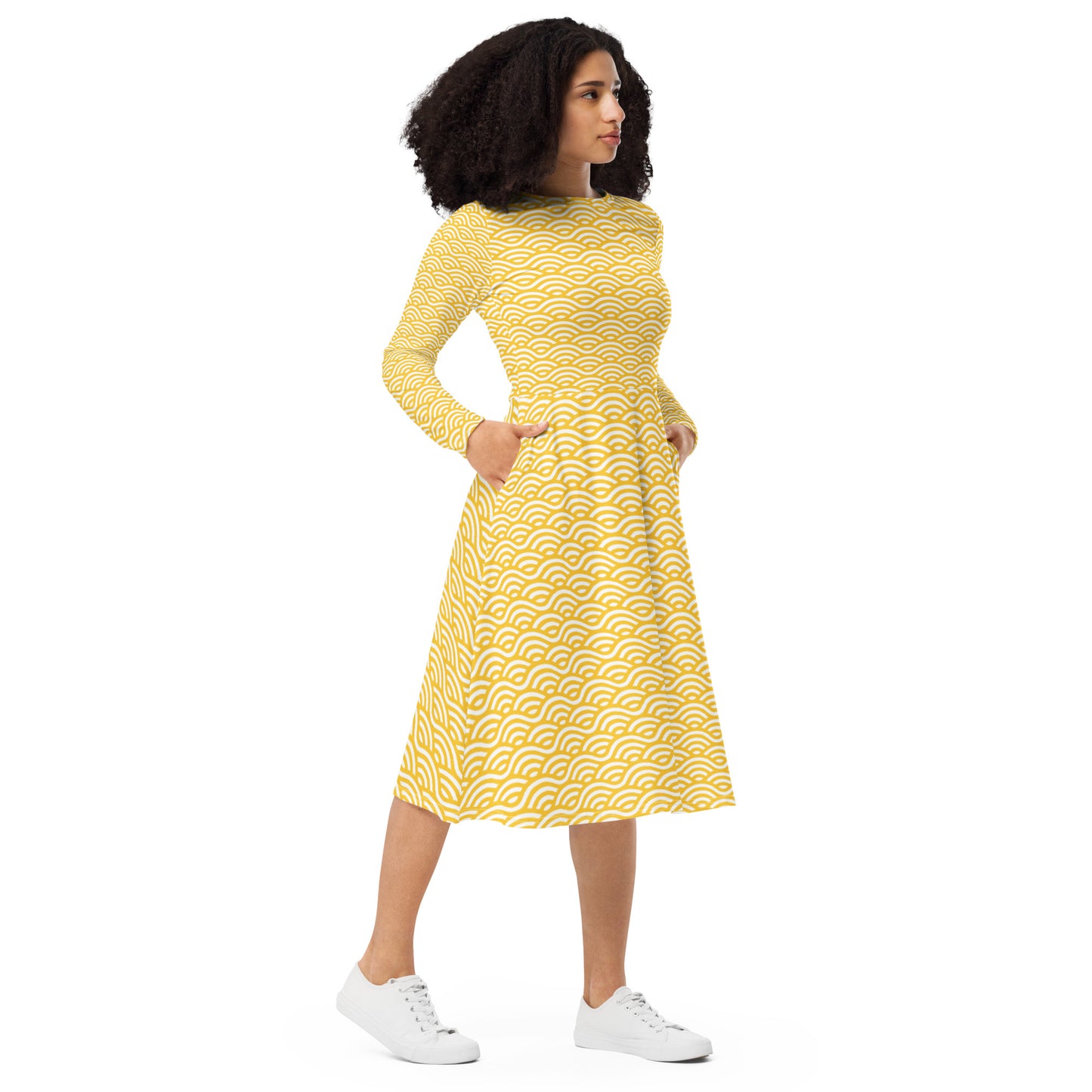 Oshun/Osun Yellow Floral All-over print long sleeve midi dress