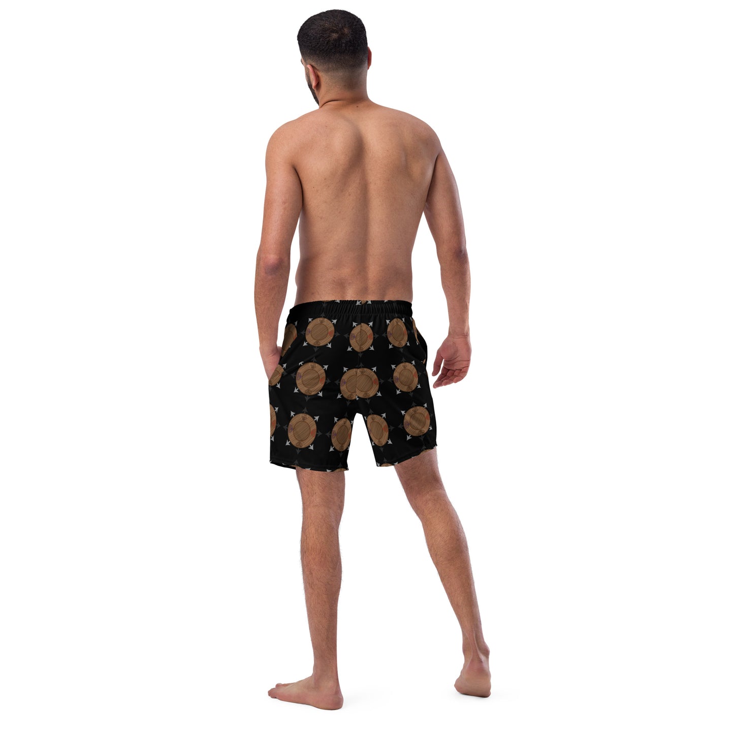 Egbe Ire Awo Faces Logo Black All-Over Print Recycled Swim Trunks