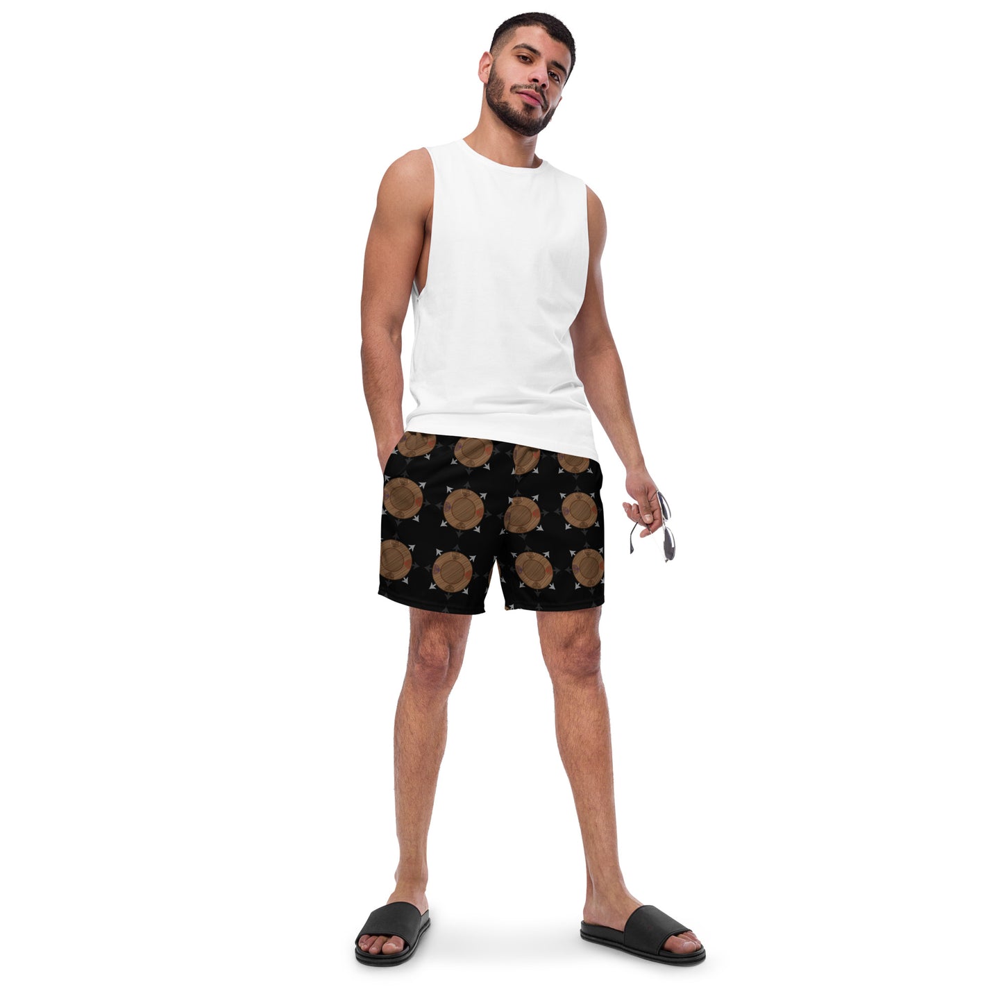 Egbe Ire Awo Faces Logo Black All-Over Print Recycled Swim Trunks