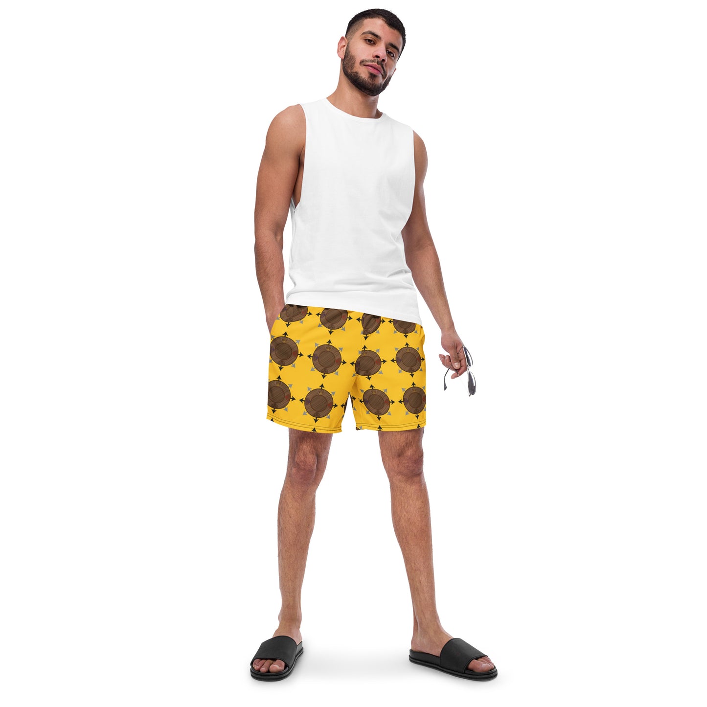 Egbe Ire Awo Faces Logo Yellow All-Over Print Recycled Swim Trunks