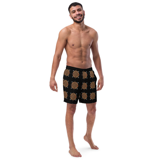 Egbe Ire Awo Faces Logo Black All-Over Print Recycled Swim Trunks