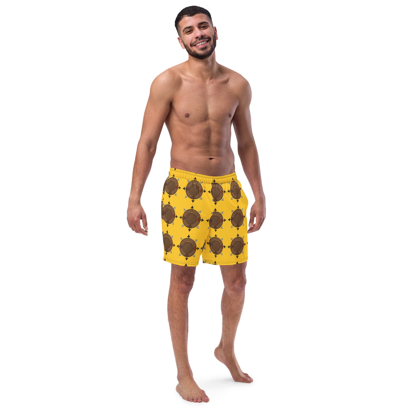 Egbe Ire Awo Faces Logo Yellow All-Over Print Recycled Swim Trunks