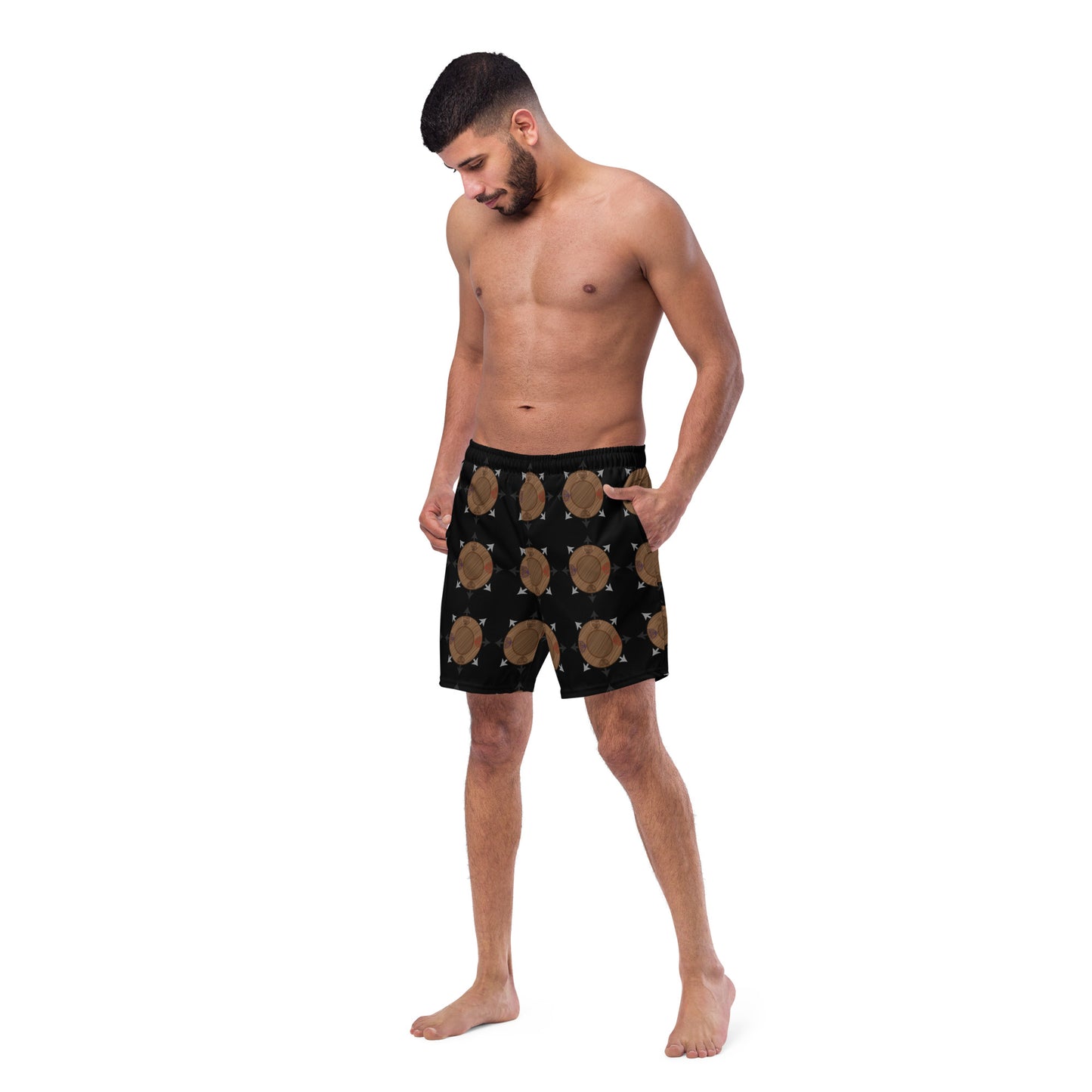 Egbe Ire Awo Faces Logo Black All-Over Print Recycled Swim Trunks