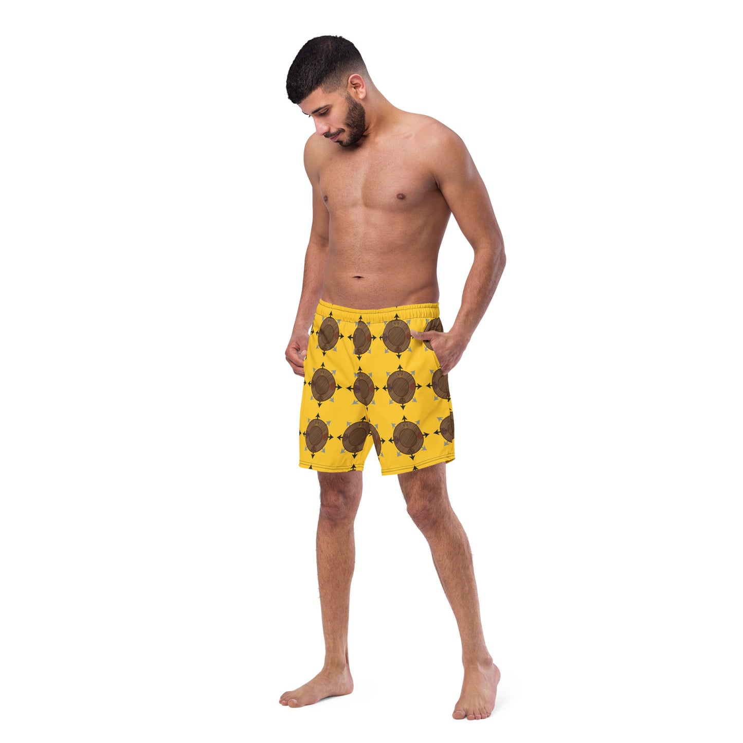 Egbe Ire Awo Faces Logo Yellow All-Over Print Recycled Swim Trunks