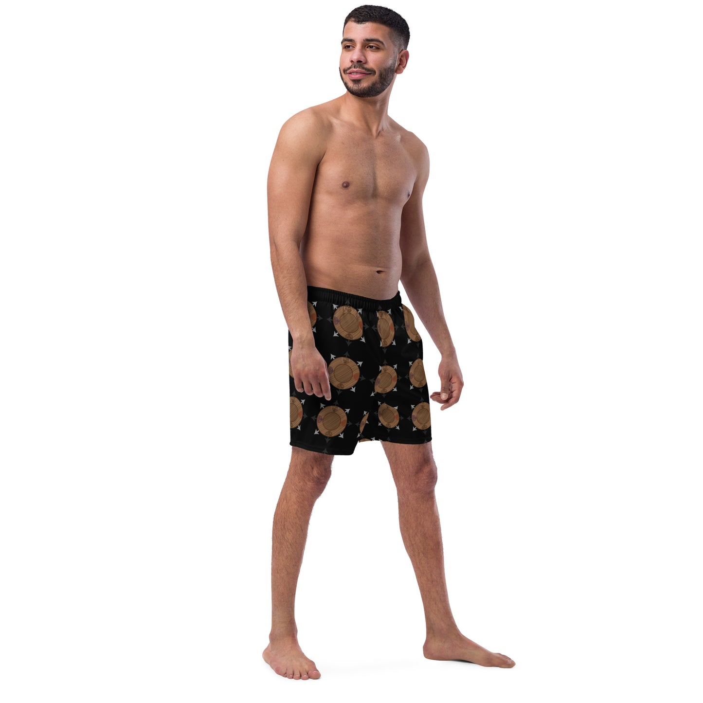 Egbe Ire Awo Faces Logo Black All-Over Print Recycled Swim Trunks